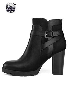 Women's Ankle Boots Block Heel Side Zip Round Toe Faux Leather Booties